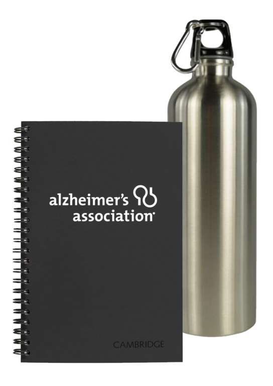 Branded notebook and water bottle, provided by Alzheimer's Association